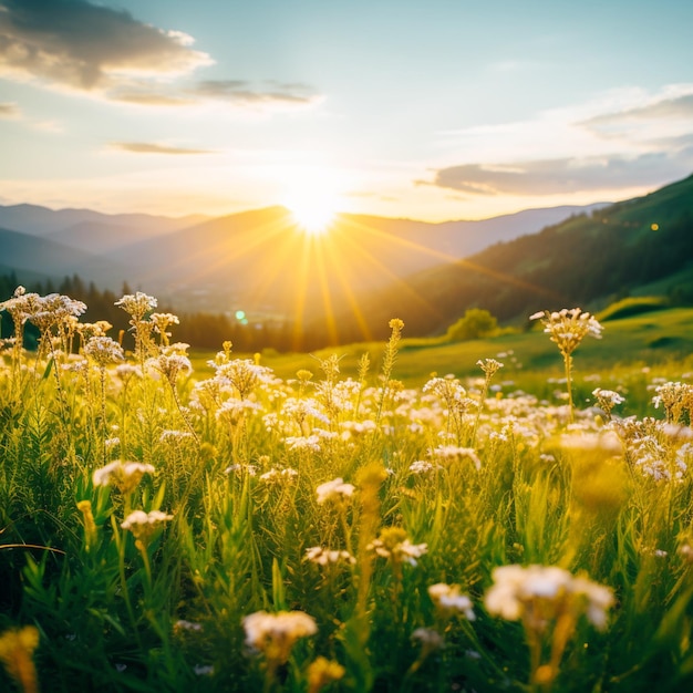 Un grand champ avec des arbres des montagnes et des fleurs et un coucher de soleil