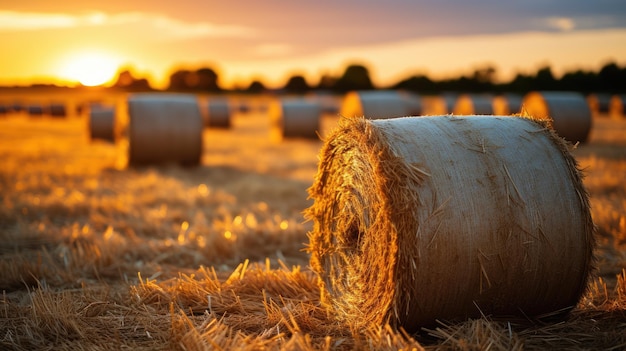 Grand champ avec coucher de soleil sur des bottes de paille