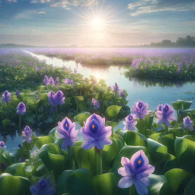 Photo un grand champ de fleurs de jacinthes d'eau sous un soleil brillant