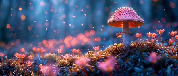 Un grand champignon fantastique dans une forêt enchantée avec des fleurs de roses roses en fleurs dans un ciel flou sur un fond bleu mystérieux et des rayons de lune brillants la nuit