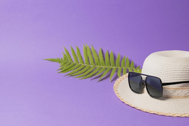 Un grand chapeau avec des lunettes de soleil et une feuille de palmier sur fond lilas