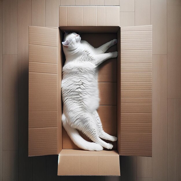 Photo un grand chat blanc et moelleux dort toute sa longueur dans une boîte en carton.