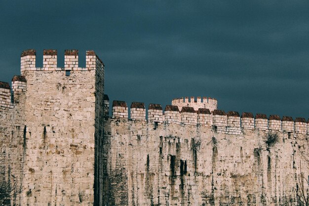 Un grand château en pierre avec un ciel sombre derrière lui