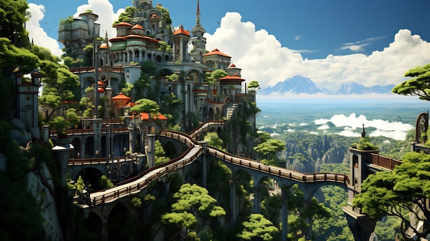 Grand château avec un pont qui le traverse au sommet d'une montagne IA générative