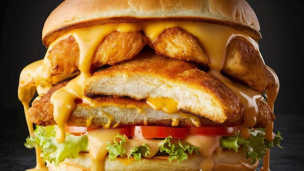 Un grand cheeseburger au cheddar avec une côtelette de poulet.