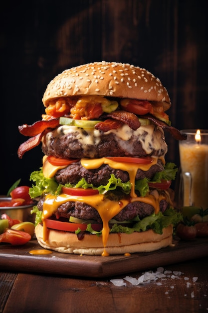 un grand cheeseburger avec une bougie en arrière-plan