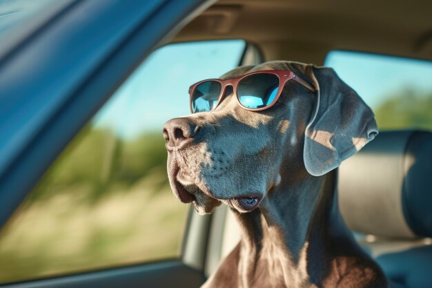 Un grand chien danois portant des lunettes de soleil dans une voiture Concept de voyage et d'aventure pour animaux de compagnie