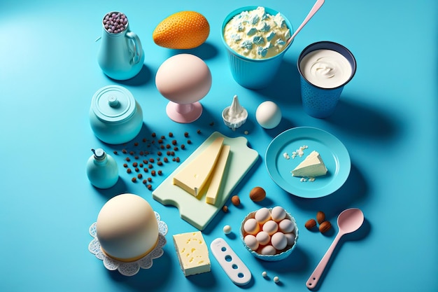 Grand choix de produits laitiers utiles et nutritifs sur table bleue