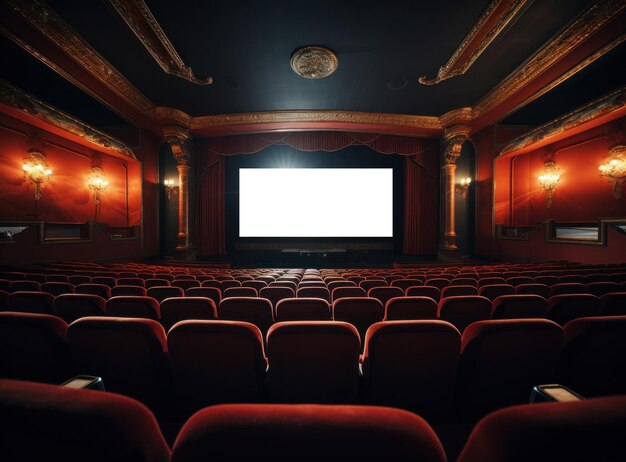 Un grand cinéma avec une maquette d'écran vide.