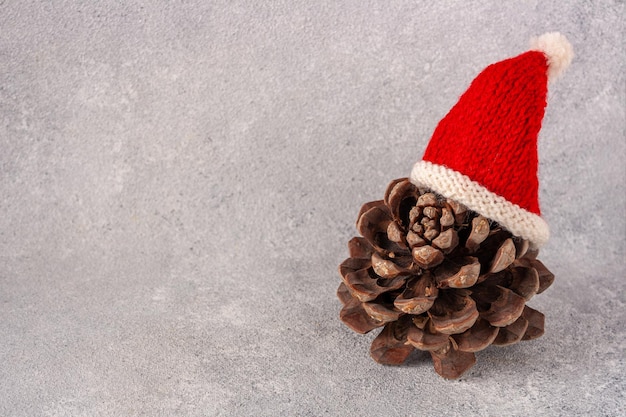 Un grand cône de cèdre dans un bonnet de Noel sur fond clair une copie de l'espace