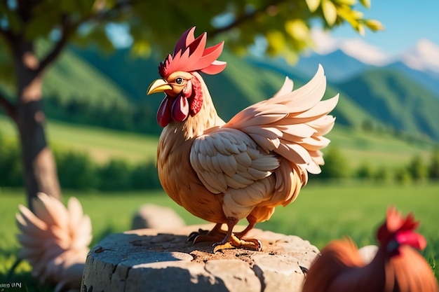 Un grand coq qui chante une plume magnifique un coq de coq un papier peint une vie rurale une volaille un arrière-plan animal