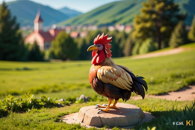 Photo un grand coq qui chante une plume magnifique un coq de coq un papier peint une vie rurale une volaille un arrière-plan animal