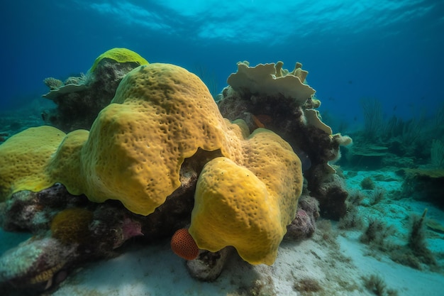 Un grand corail jaune est entouré d'eau et le soleil brille à la surface.