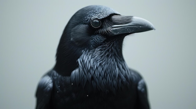 un grand corbeau noir sur un fond blanc vide