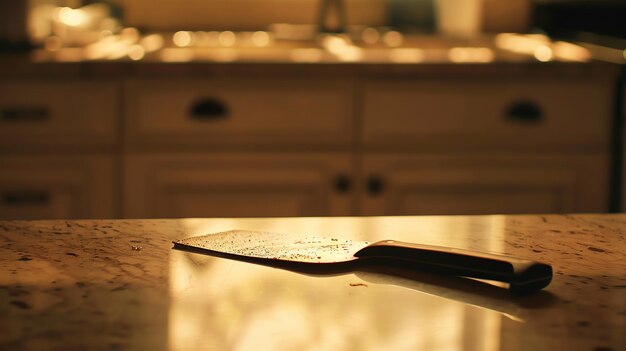 Photo un grand couteau ensanglanté est posé sur un comptoir de marbre dans une cuisine faiblement éclairée la lumière chaude de la fenêtre de la cuisine jette une lueur étrange sur la scène