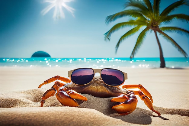 Un grand crabe avec des lunettes de soleil sur l'océan généré par l'IA