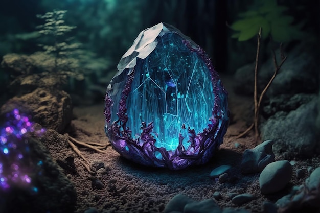 Le grand cristal magique d'améthyste magique brille dans le noir dans la forêt