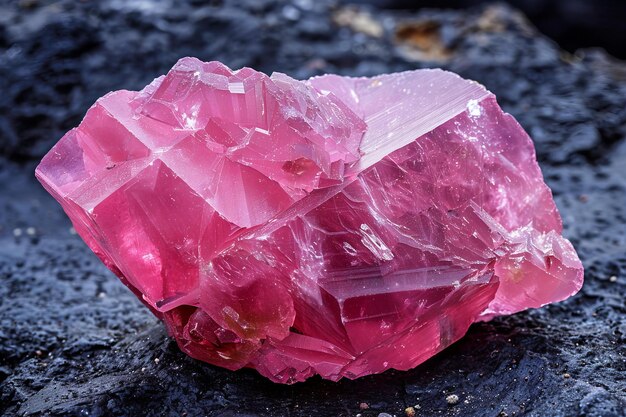 Un grand cristal de quartz rose sur une surface rocheuse sombre