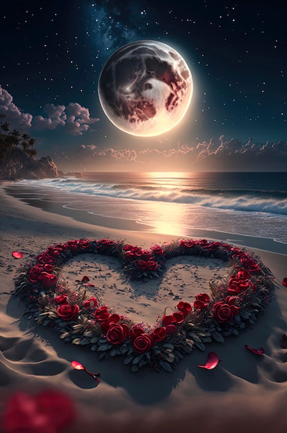 Un grand croissant de lune rouge renversé sur la plage des roses rouges forment deux coeurs flottant sur la plage pour former deux coeurs d'amour une flèche à travers les deux coeurs étoiles rose étincelante