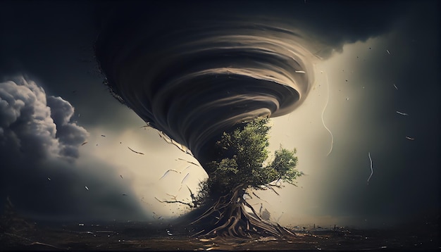Grand et dangereux système de tempête produisant une tornade traversant la campagne Illustration de médias mixtes