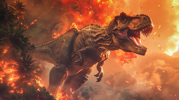 Un grand dinosaure est positionné au centre d'un anneau de flammes intenses créant une scène frappante et dangereuse