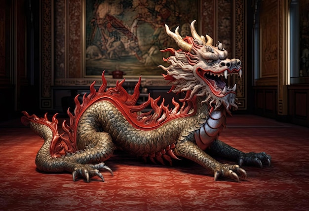 un grand dragon chinois sur un tapis est debout dans le coin