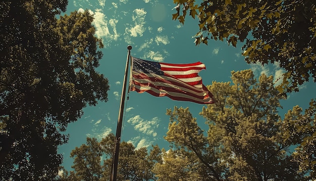 Un grand drapeau américain flotte haut dans le ciel.