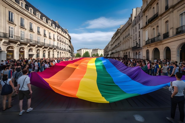 Un grand drapeau arc-en-ciel de la communauté LGBT dans la ville lors du mois de la fierté du défilé Generative AI 1