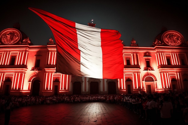 Un grand drapeau rouge et blanc flotte devant un bâtiment qui dit "Pérou"