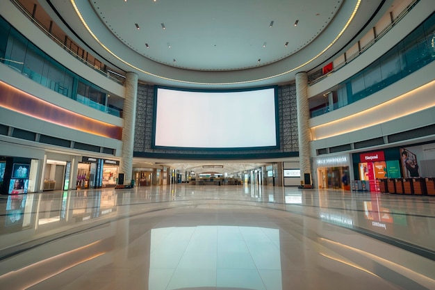 Photo grand écran blanc semi-circulaire à led dans l'hypermall pour la promotion vidéo au deuxième niveau