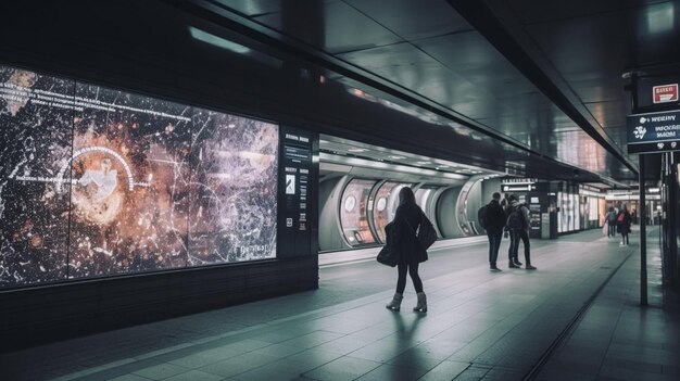 Un grand écran dans une station de métro montre un homme passant devant un grand écran qui dit "le chiffre 7"