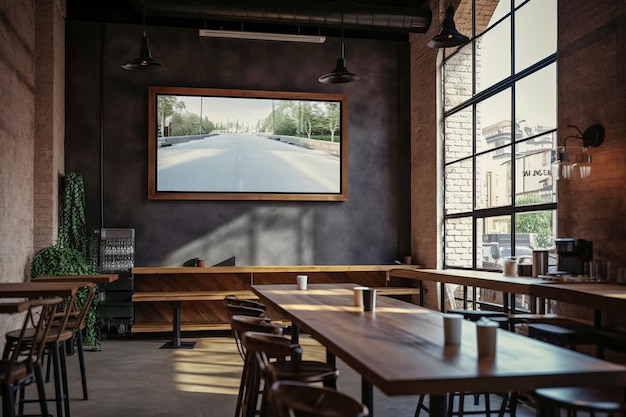 Un grand écran sur le mur d'un restaurant avec une photo d'une route dessus.