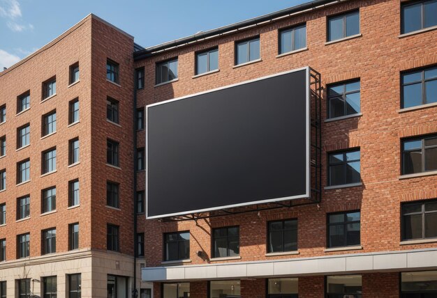 un grand écran noir est monté sur un bâtiment en brique