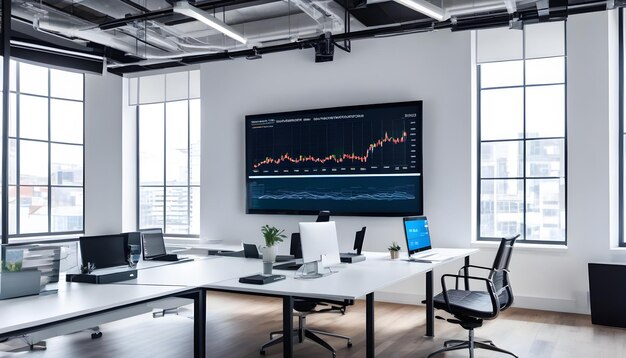 Grand écran avec tableau de bord du marché au bureau