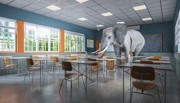 Grand éléphant à l'intérieur d'une salle de classe d'école moderne