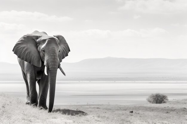 Photo un grand éléphant marche dans un champ avec des montagnes en arrière-plan.