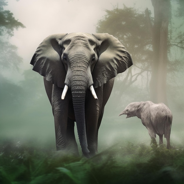 Un grand éléphant et un petit éléphant se tiennent dans une forêt.