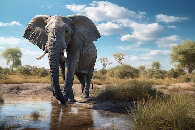 Un grand éléphant se tient dans une flaque d'eau avec le tronc étendu.