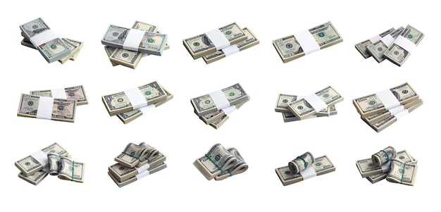 Grand ensemble de liasses de billets d'un dollar américain isolés sur blanc Collage avec de nombreux paquets d'argent américain à haute résolution sur fond blanc parfait