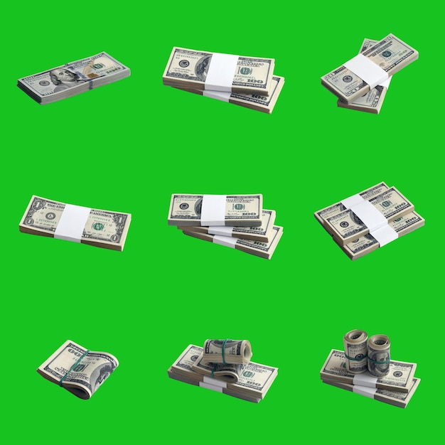 Grand ensemble de liasses de billets d'un dollar américain isolés sur un collage vert clé chroma avec de nombreux paquets d'argent américain à haute résolution sur fond vert parfait