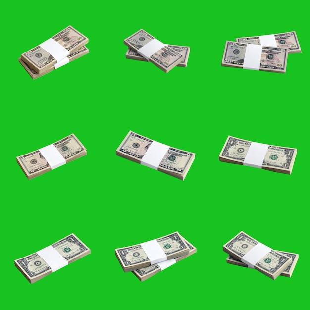 Grand ensemble de liasses de billets d'un dollar américain isolés sur un collage vert clé chroma avec de nombreux paquets d'argent américain à haute résolution sur fond vert parfait