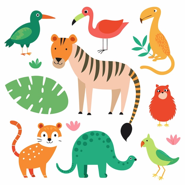 Un grand ensemble de personnages tels que des reptiles, des oiseaux, des poissons et des mammifères, des flamants exotiques, des girafes, des éléphants.
