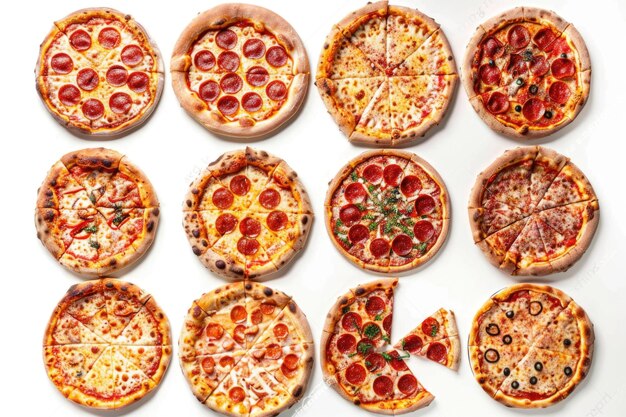 Photo un grand ensemble de pizzas isolées sur un fond blanc