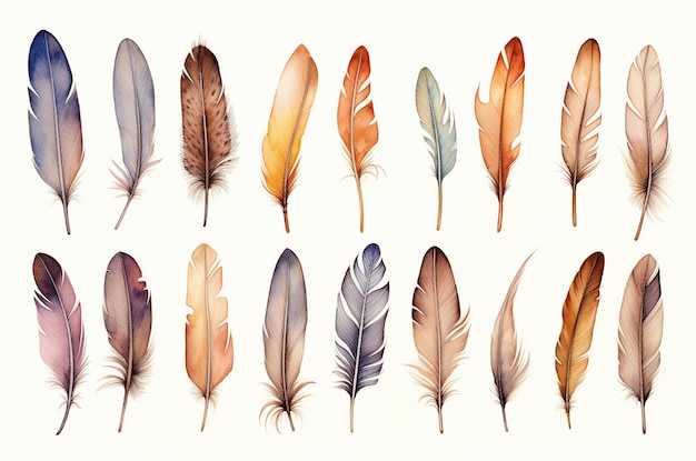 Un grand ensemble de plumes de boho colorées plumes d'aquarelle générative ai