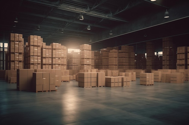 Un grand entrepôt avec des boîtes Des rangées d'étagères avec des boîtes de marchandises dans un entrepôt industriel moderne dans un entrepôt d'usine