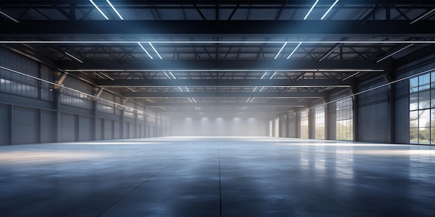 Grand entrepôt ouvert avec hauts plafonds et lumières au néon IA générative