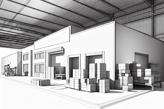 Un grand entrepôt propre avec étagères boîtes en carton et produits Generative AI
