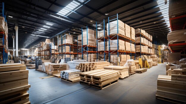 Un grand entrepôt rempli de piles de matériaux de construction, y compris des poutres en acier de bois
