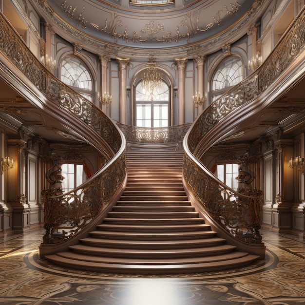 Grand escalier en colimaçon dans un vieux manoir