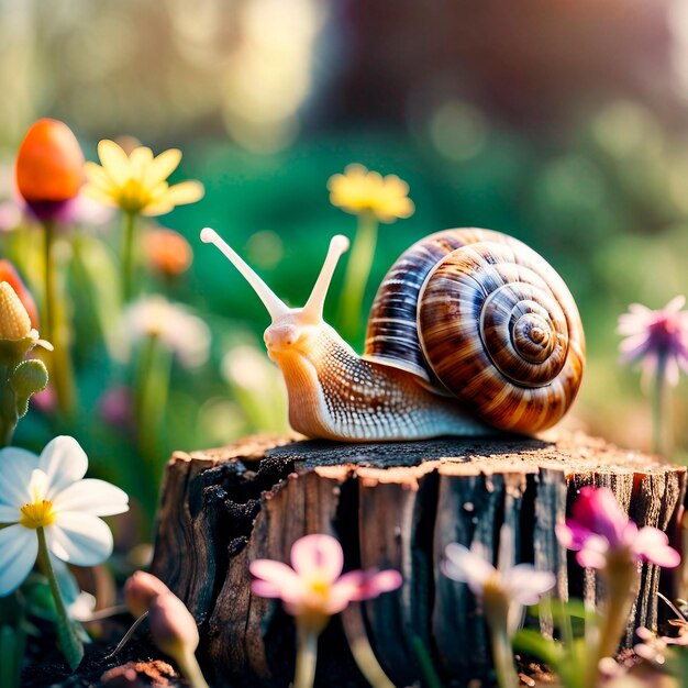 Un grand escargot avec une coquille rampant sur un souche le matin de printemps dans les fleurs du jardin